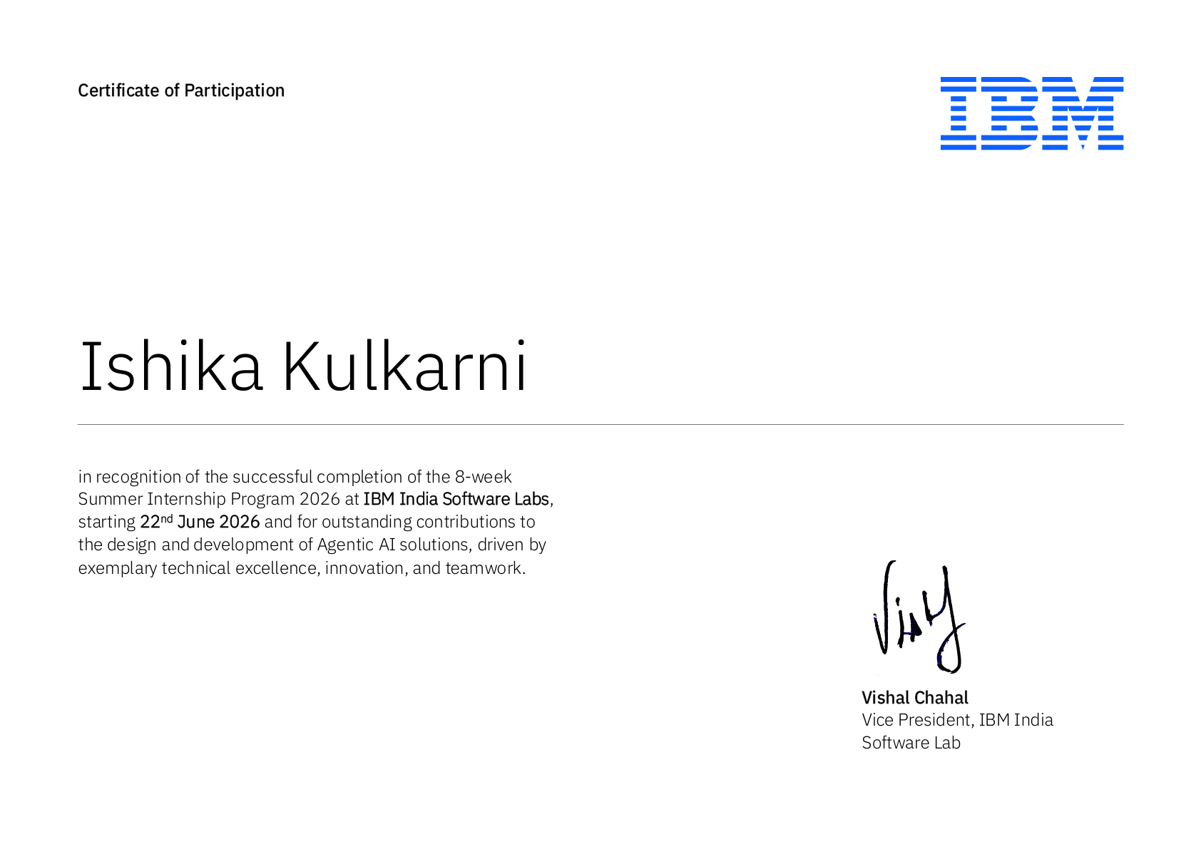 IBM Certificate of Participation awarded to Ishika Kulkarni, 2026 Summer Internship Program at IBM India Software Labs